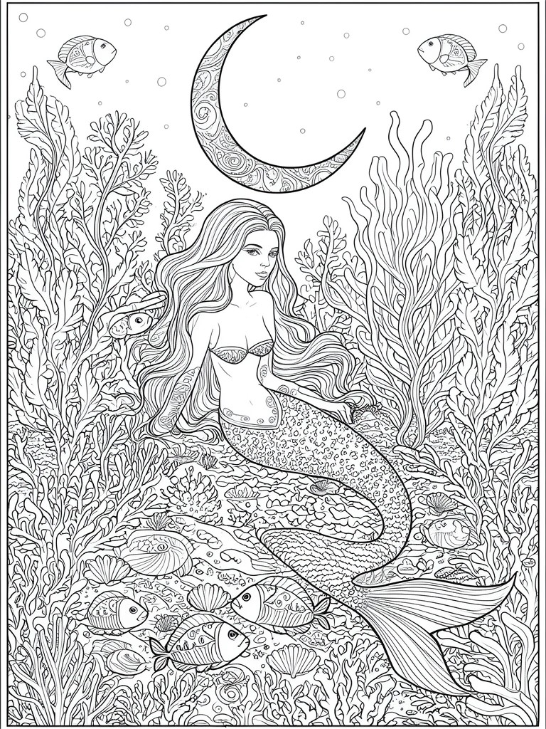 A black and white line art coloring page showing a mermaid with long hair in an underwater reef surrounded by fish, coral, seaweed, and a crescent moon above.