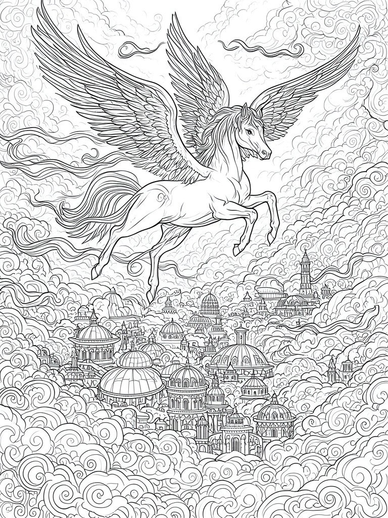 A line drawing of a winged horse flying over a city filled with domed buildings and clouds.