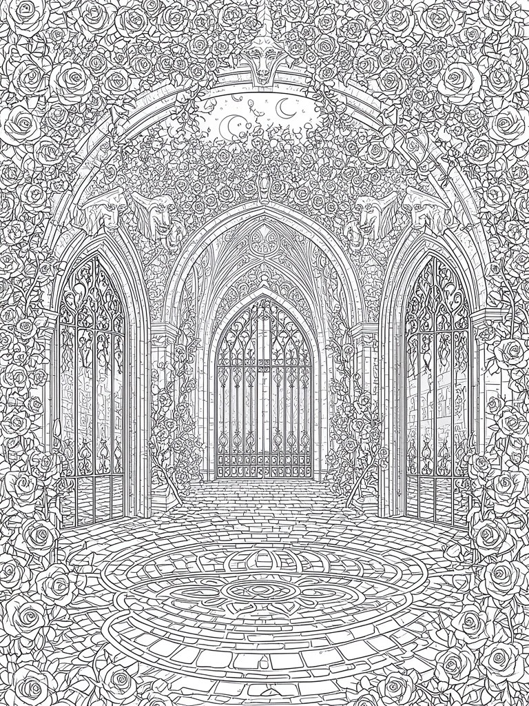 Gothic arches draped in roses frame ornate gates beneath a crescent moon.