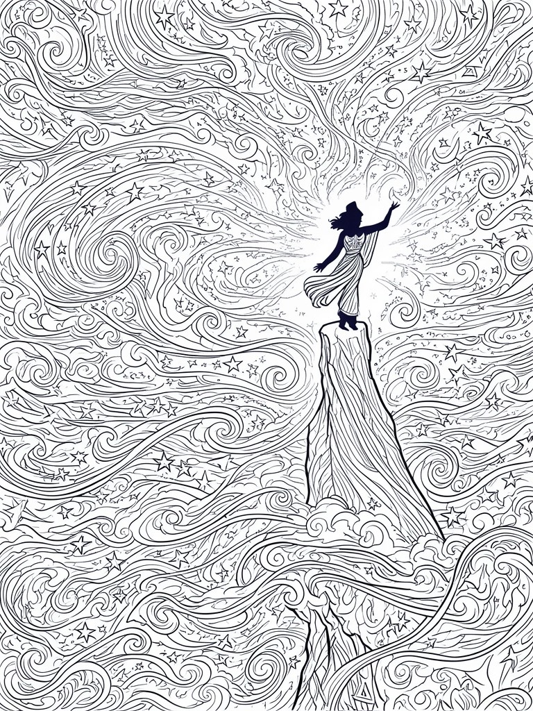 A line art coloring page shows a woman in a long dress standing on a tall rock pillar and reaching upward amid swirling lines and stars.