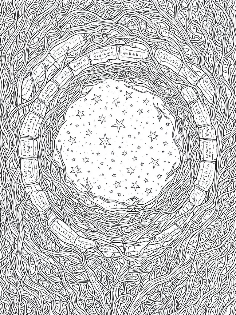 A black and white coloring page showing a central circle of stars ringed by rectangular blocks with symbols and surrounded by dense swirling branches.