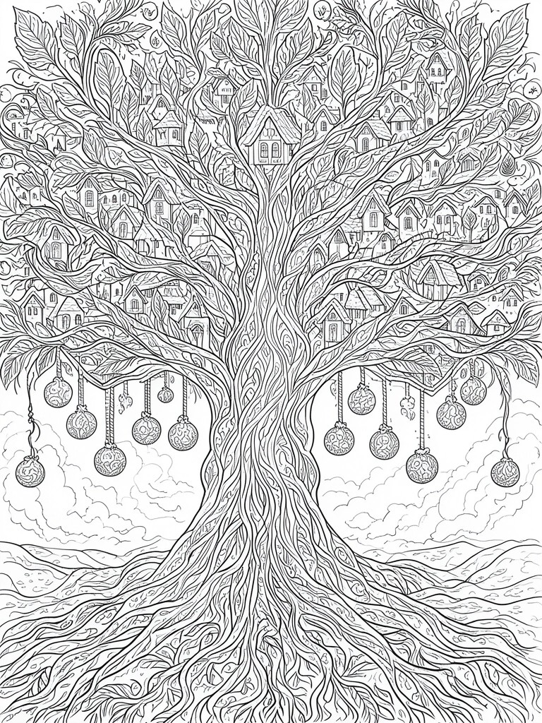Intricate black-and-white line drawing of tree village with houses and hanging ornaments.