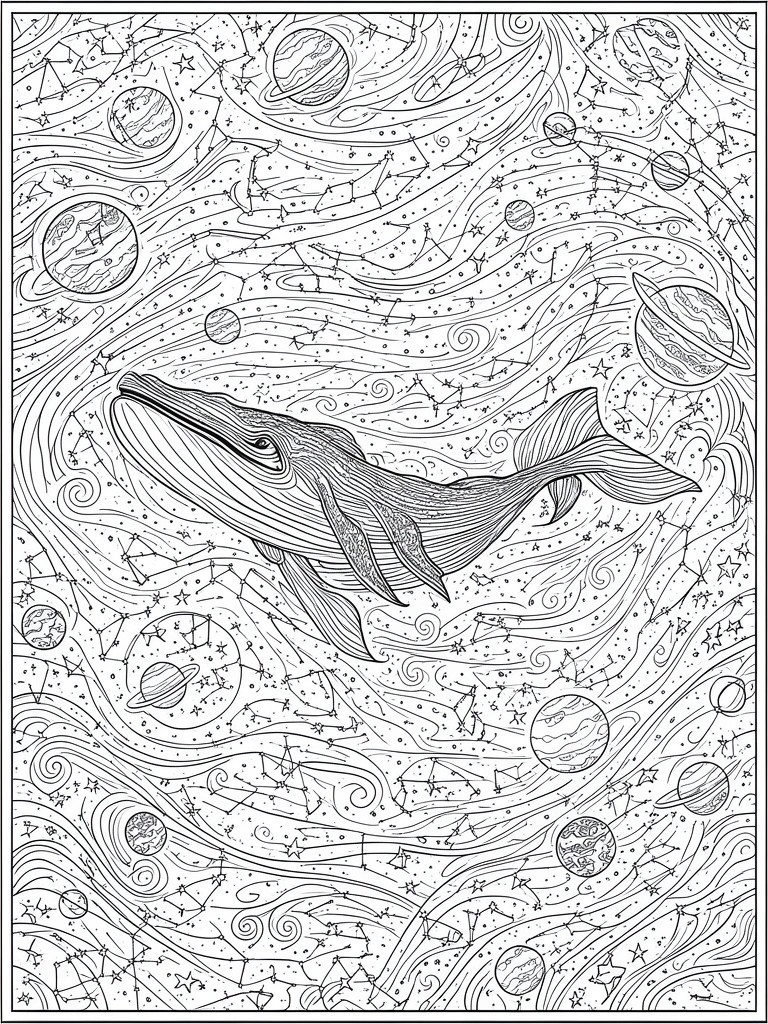 Black and white line art of a whale swimming among planets, stars and constellations.