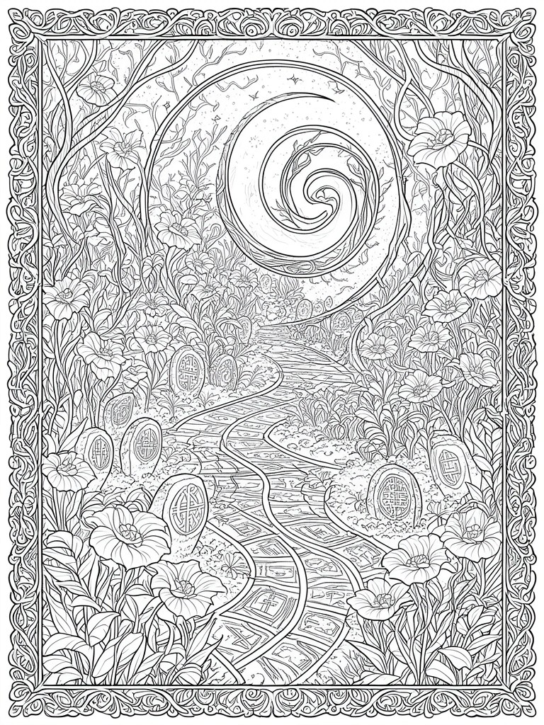 Intricate line art of winding garden path amid flowers under swirling starry sky with ornate border