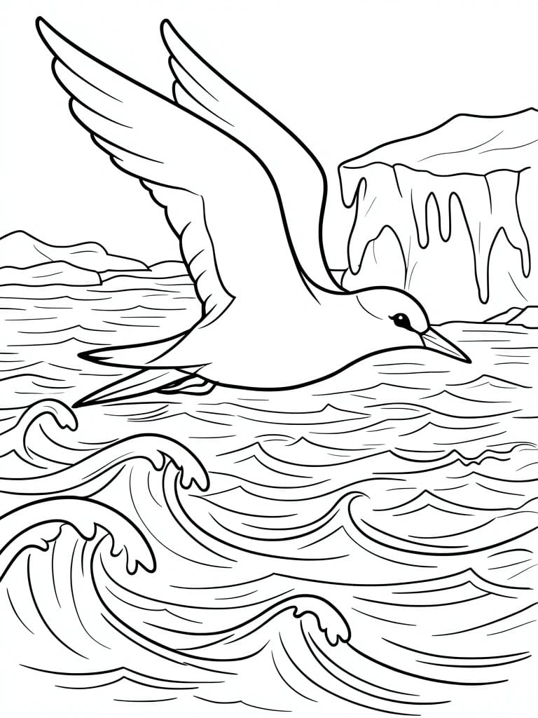 A line drawing of a bird flying above ocean waves with ice formations in the background.