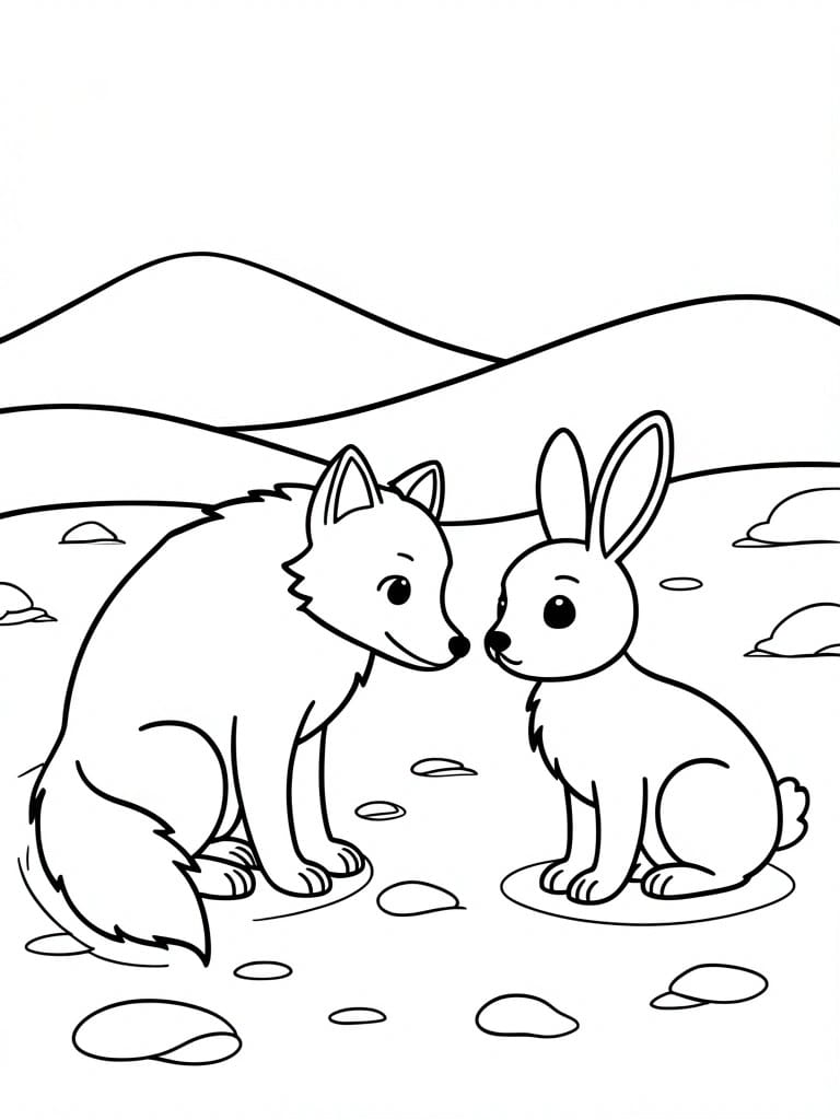 Line drawing of fox and rabbit touching noses in hilly landscape with rocks
