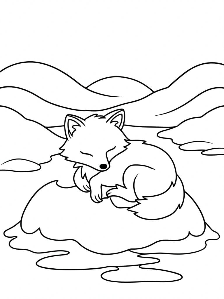 Line drawing of sleeping fox curled on fluffy cloud amid wavy hills.