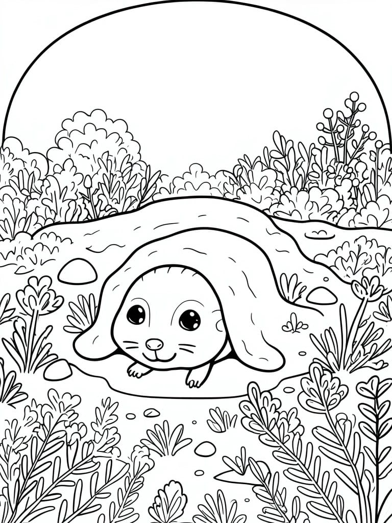 Black and white line drawing of cute bunny emerging from burrow amid plants