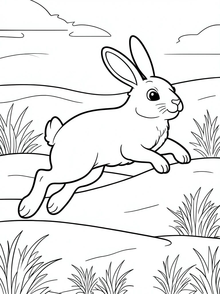 Cartoon rabbit leaping across grassy hills under a cloudy sky