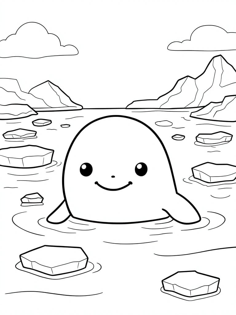 A black and white coloring page featuring a cartoon seal in Arctic water surrounded by icebergs and distant mountains.