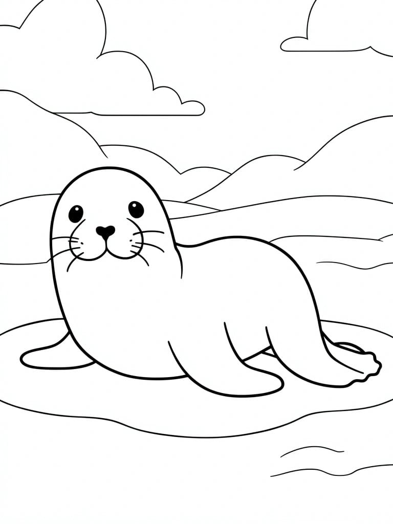 A black and white line drawing of a seal floating in water with clouds overhead.