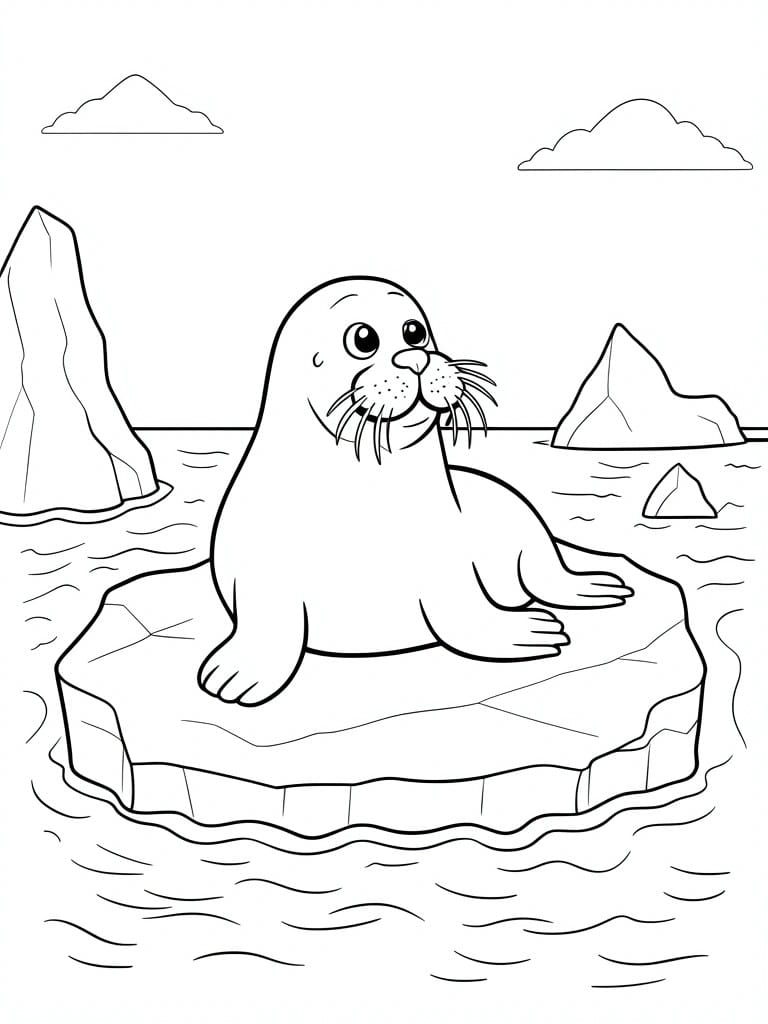 Coloring page of a seal sitting on an ice floe in the water with icebergs and clouds around it.