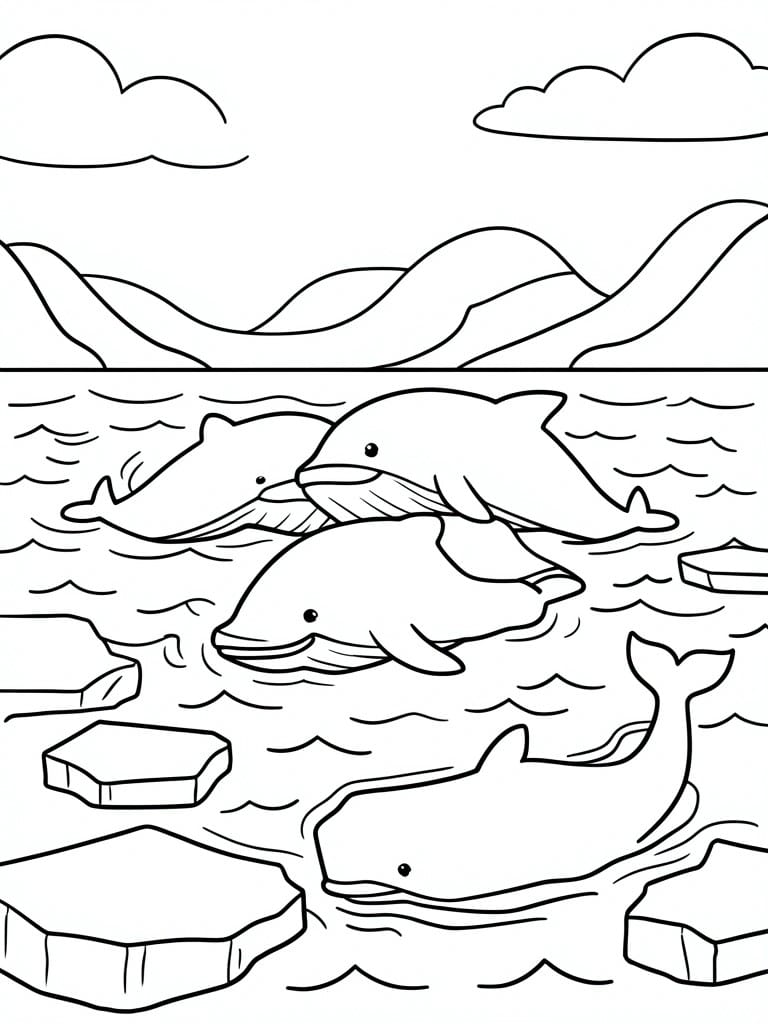 A black and white line drawing of several dolphins and a whale swimming in water with icebergs and waves.