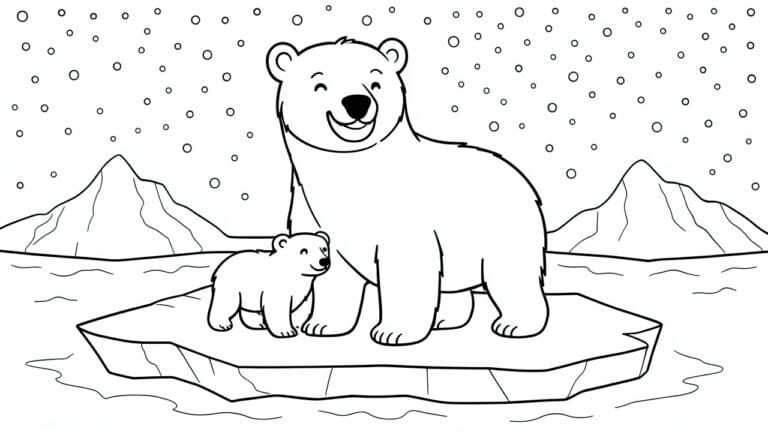 A black and white coloring page showing an adult polar bear and a cub standing on a floating ice piece with icebergs behind them and dots representing snow in the sky.