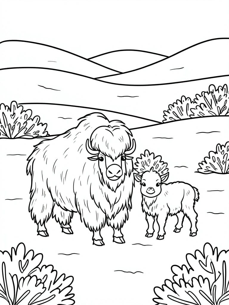 Adult muskox and calf in hilly landscape with bushes, black-and-white coloring page style