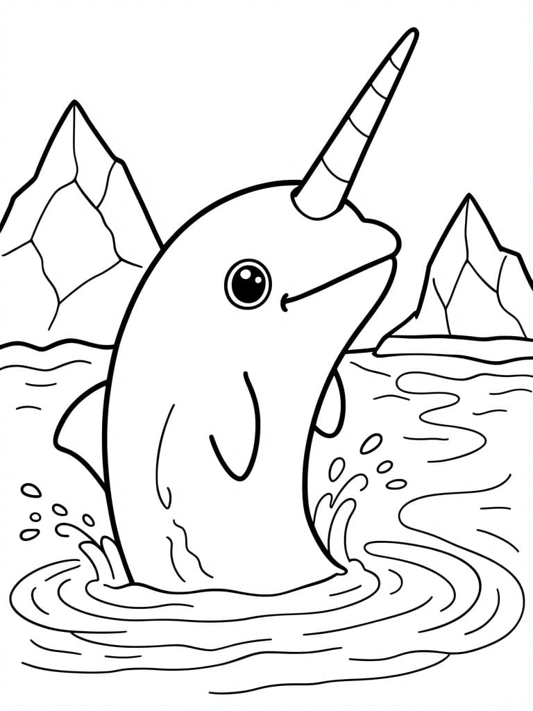 A line drawing of a narwhal with a long tusk in water, with mountains in the background.