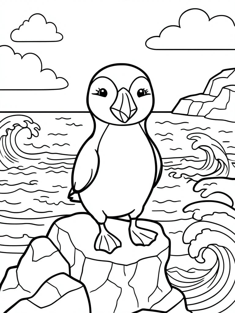 Cartoon penguin on rocks by ocean waves with clouds and cliffs in background
