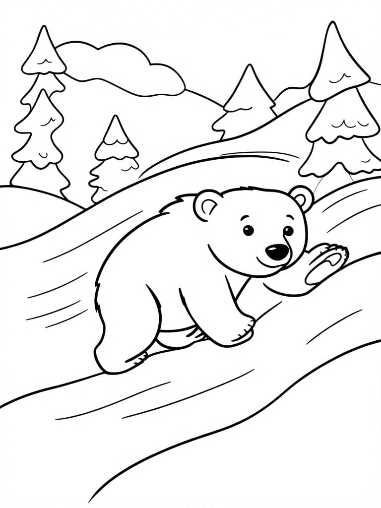 Cartoon polar bear sliding down snowy hill with pine trees behind.