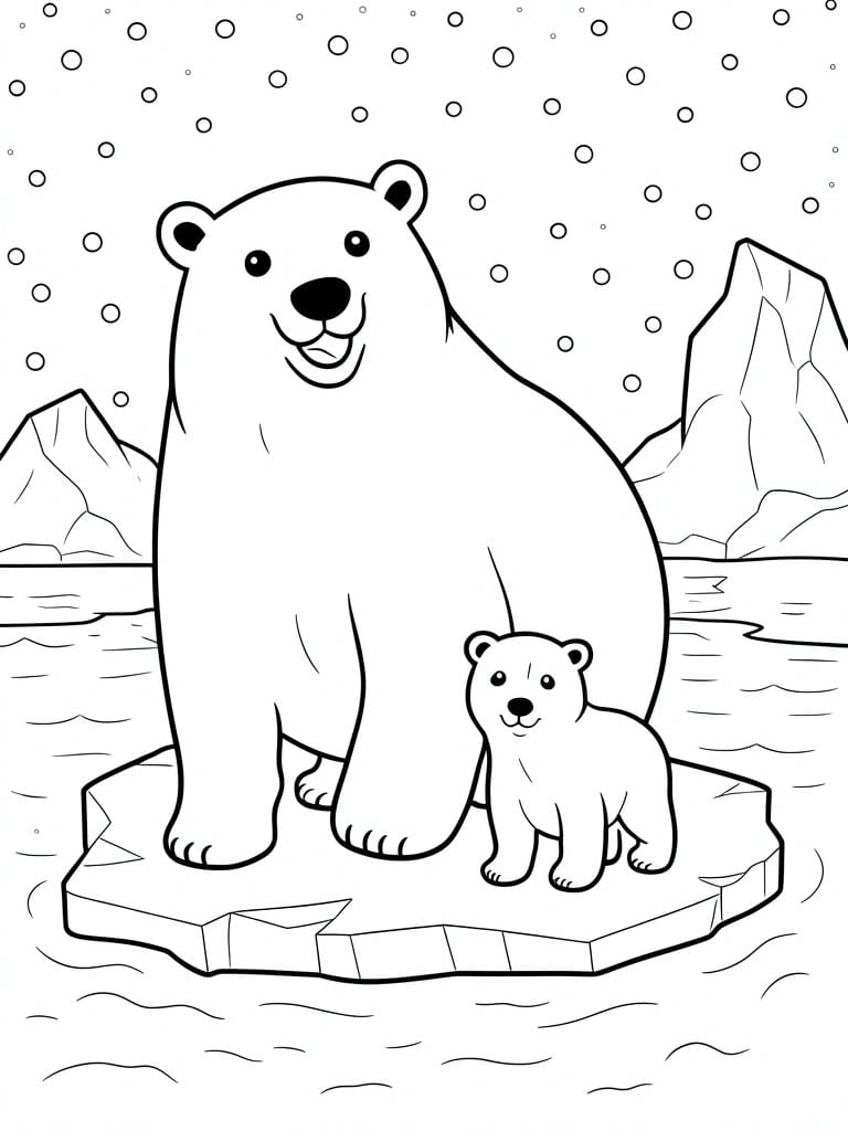 A black and white coloring page showing an adult polar bear and a cub standing on a floating ice piece with icebergs behind them and dots representing snow in the sky.