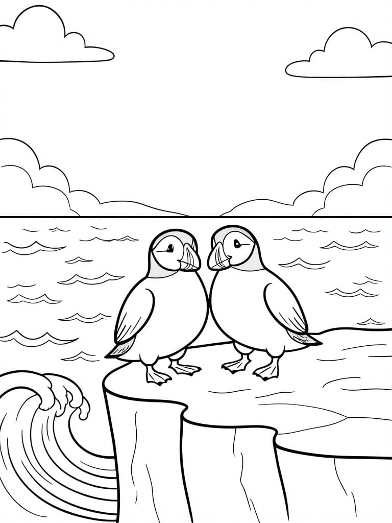 Two puffins stand on a rocky cliff above ocean waves with clouds in the sky.
