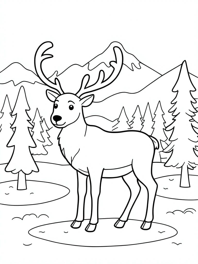 Cartoon reindeer with antlers standing in snowy mountain forest with pine trees