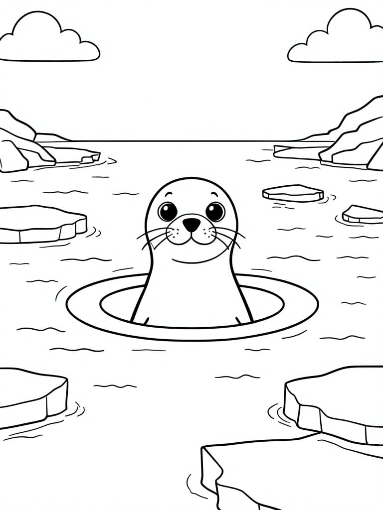 A black and white line drawing of a seal in water with icebergs and clouds in the background.