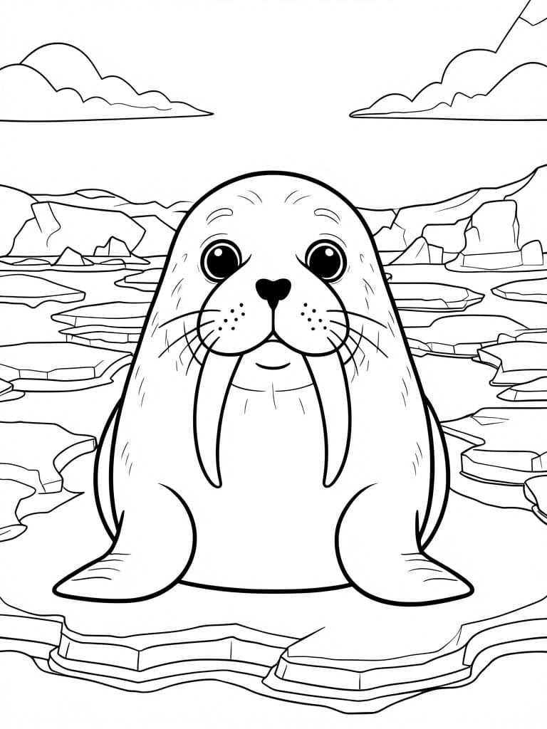 Cartoon walrus with tusks on ice floes amid arctic icebergs and clouds.