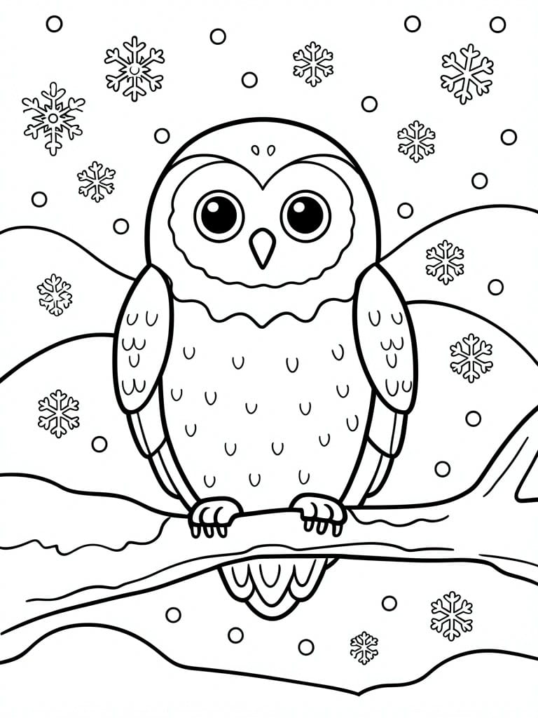 Coloring page of a cute owl perched on a branch in falling snow.