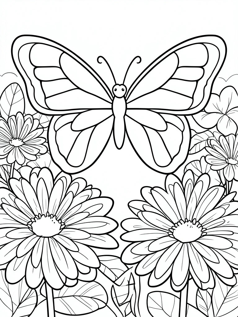Coloring page showing large butterfly amid detailed daisy flowers and leaves.