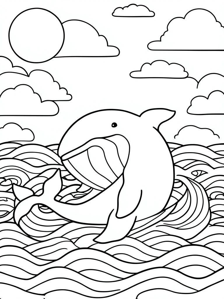 A black and white line drawing of a dolphin leaping out of ocean waves with a sun and clouds above.
