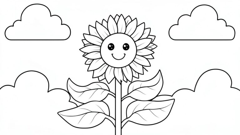 18 Simple Large Print Coloring Pages for Easy Relaxing Coloring Sessions Cheerful cartoon sunflower with smiling face, leaves, and clouds in background