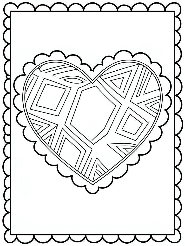 A coloring page with a large heart featuring geometric patterns inside a scalloped rectangular border.