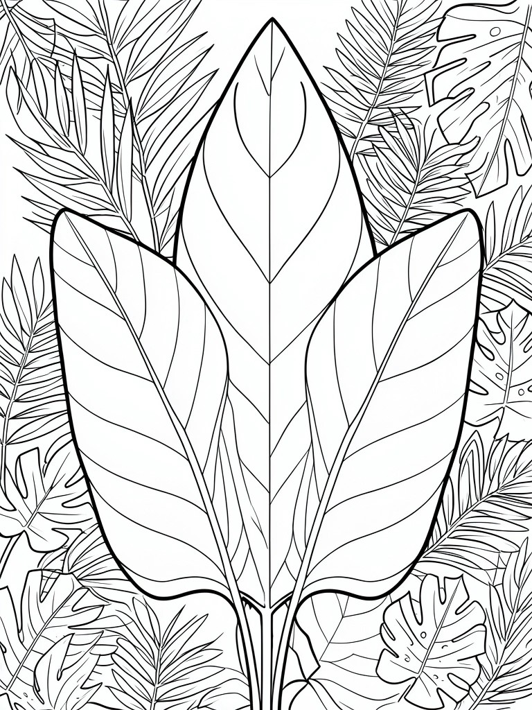 Line art of large central leaf surrounded by tropical foliage
