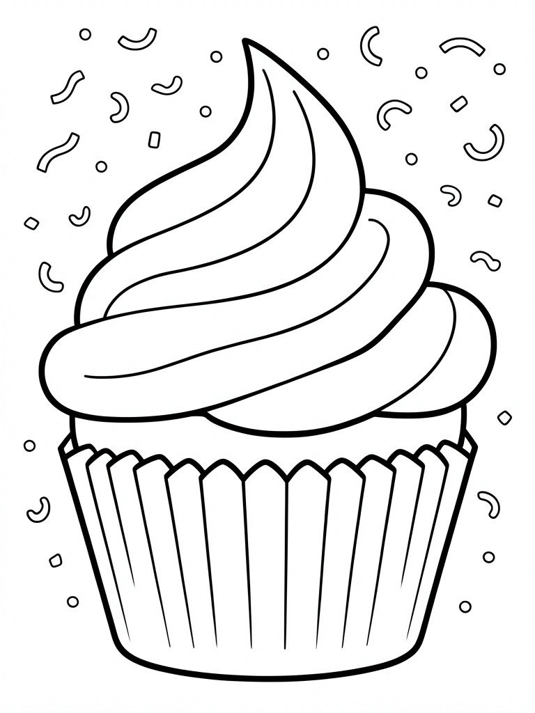 A black and white line drawing of a cupcake with swirled frosting and sprinkles around it.