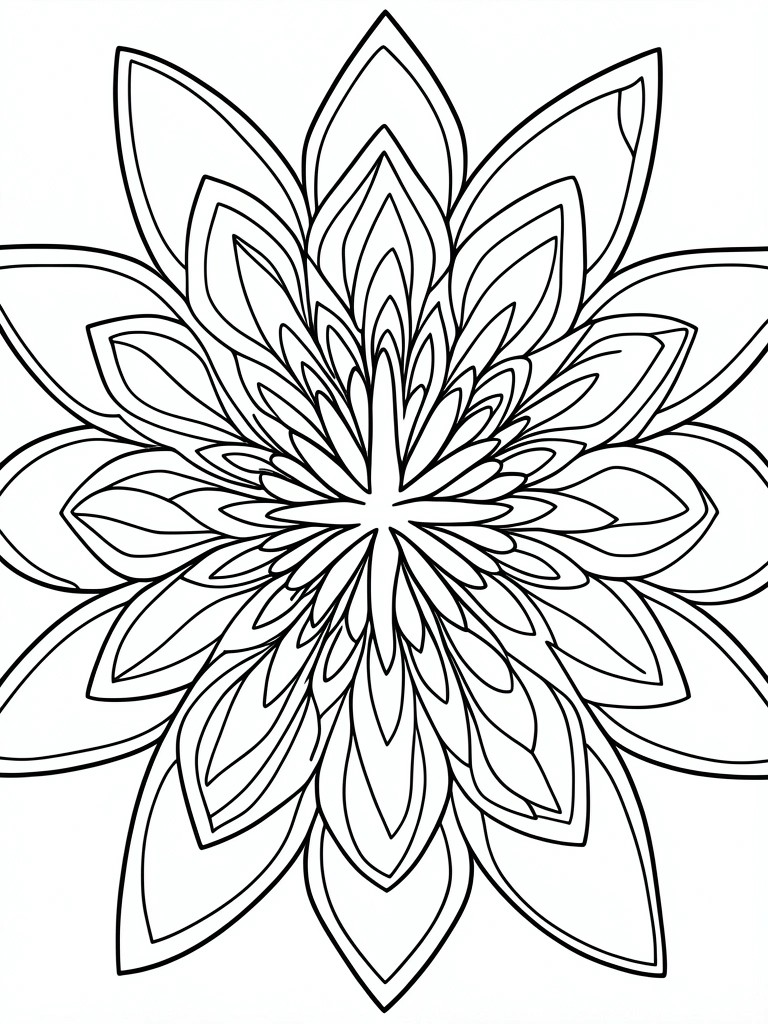Detailed black line art of a symmetrical multi-petaled flower mandala