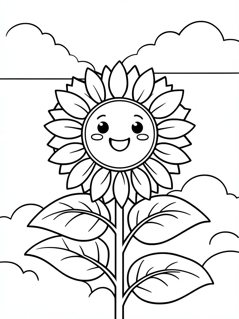 Cheerful cartoon sunflower with smiling face, leaves, and clouds in background