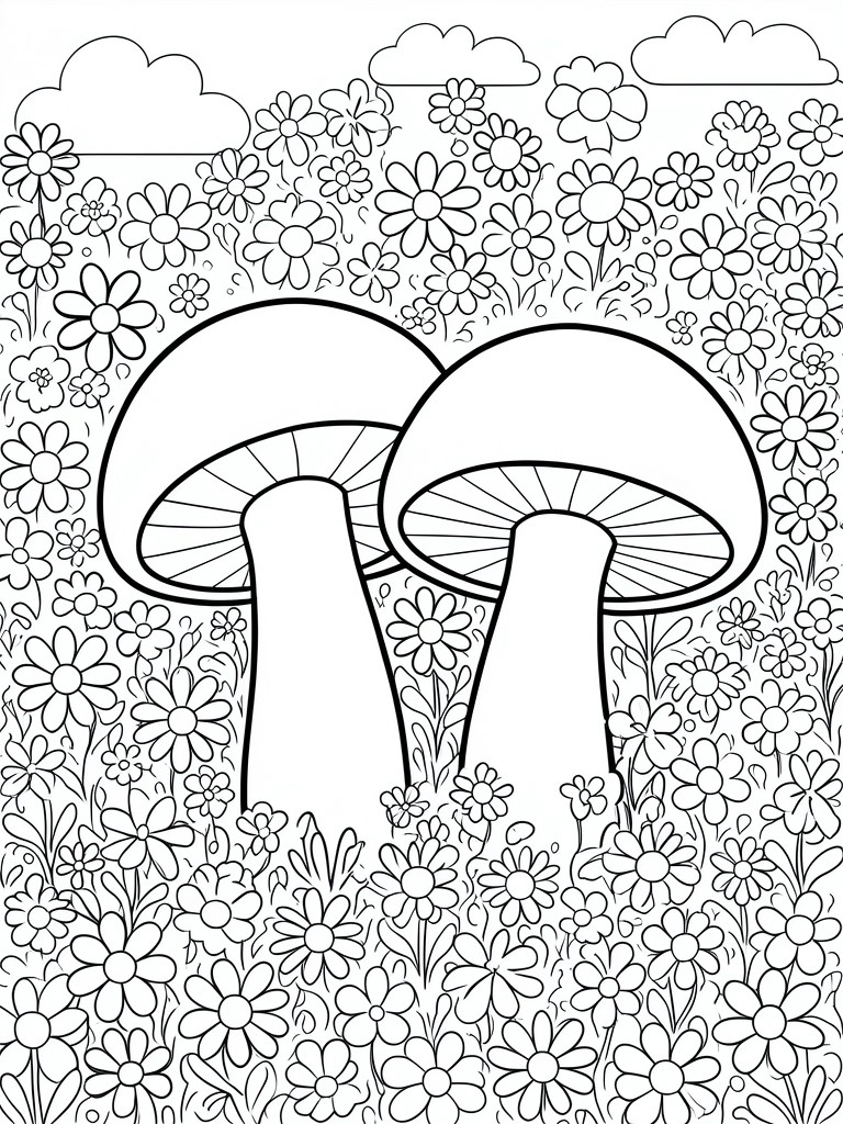 Two large mushrooms amid flowers and clouds in black-and-white line art