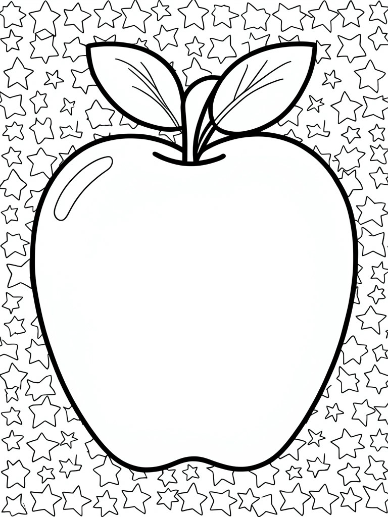 Large apple with leaves and stem on starry background coloring page