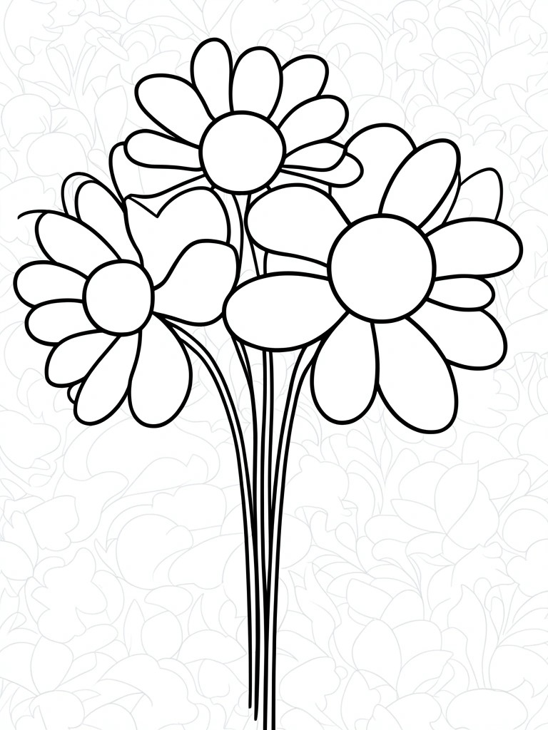 Three large daisies with round centers and long stems drawn in bold outlines over a faint leaf pattern background.