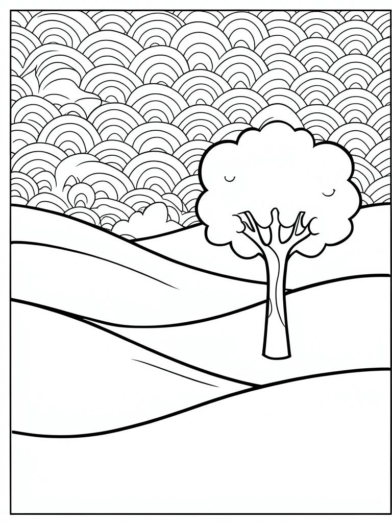 A black and white line drawing of rolling hills with a single tree in the foreground and a background filled with repeating curved wave patterns.