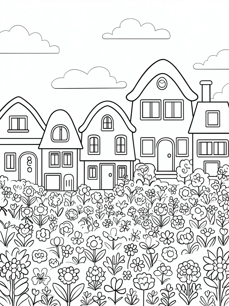 Coloring page of whimsical houses with windows, doors, and blooming flower garden.