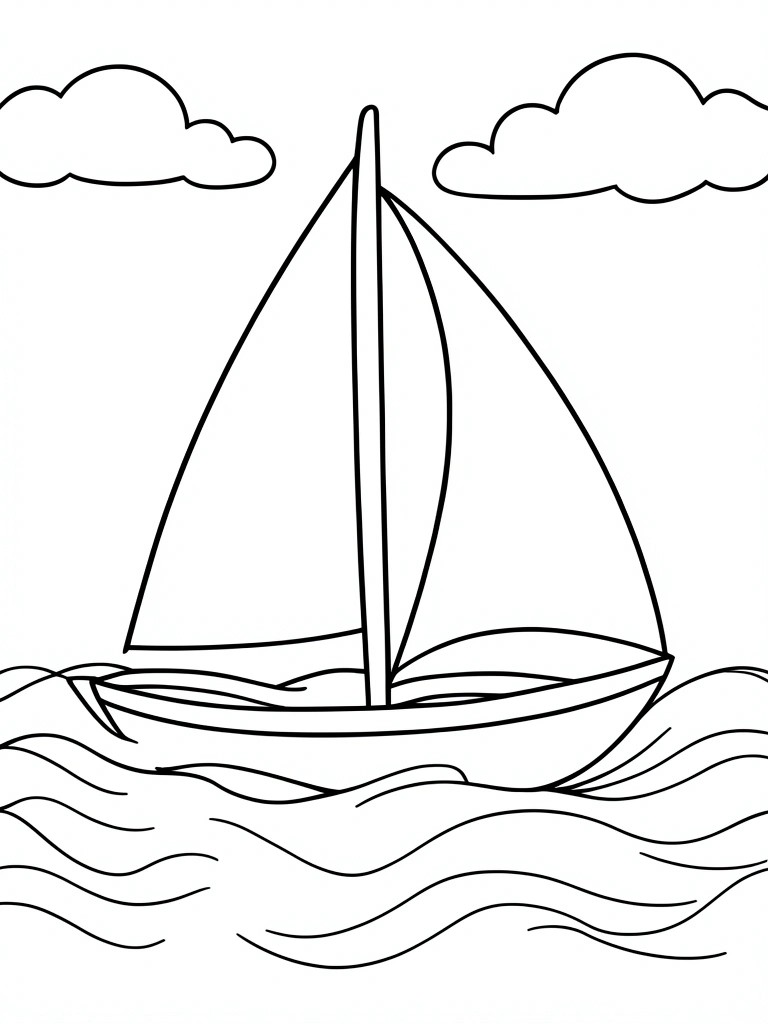 Line drawing of sailboat with two sails on wavy water under clouds