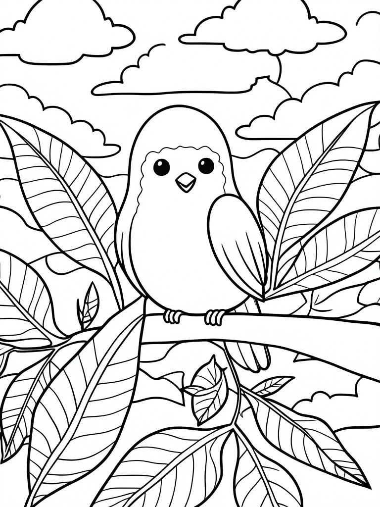 Line drawing of cute bird perched on branch amid large leaves and clouds