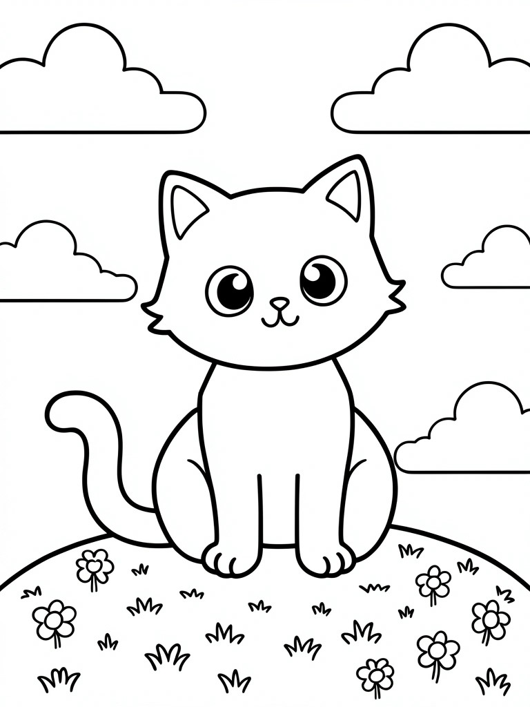 A black and white line drawing of a sitting cat surrounded by clouds, grass, and flowers.