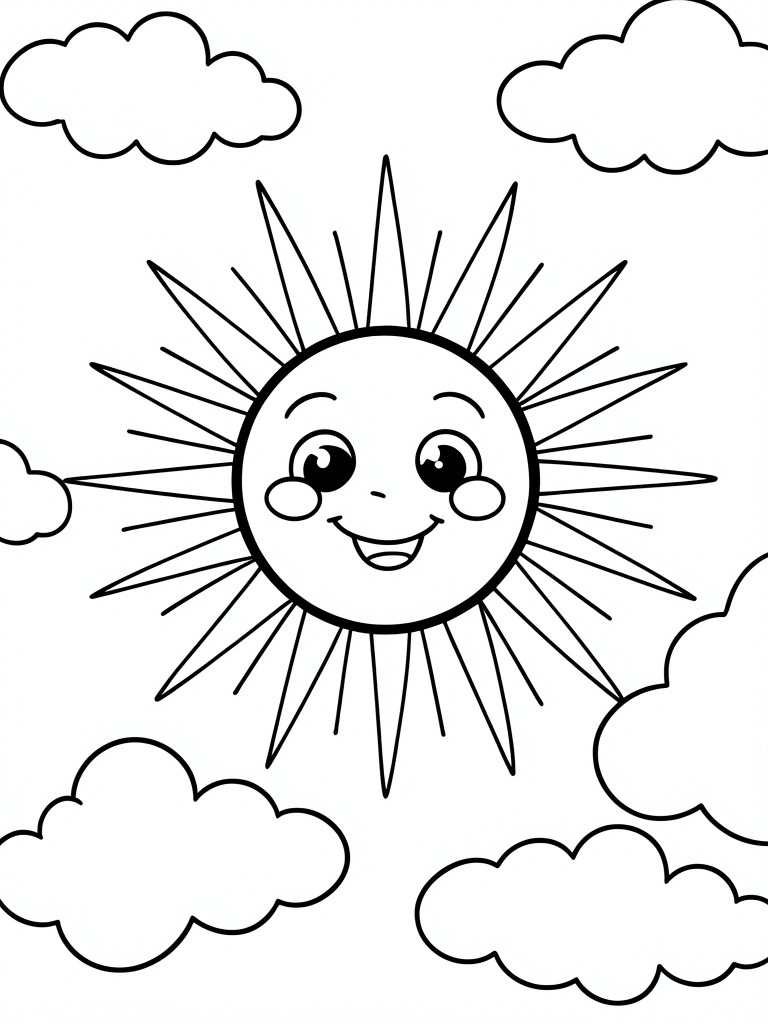 Black and white coloring page showing a cartoon sun with a smiling face and rays, surrounded by clouds.