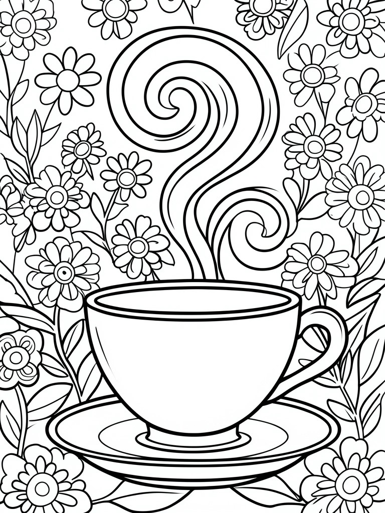 Black and white line art of a teacup on a saucer with large swirling steam above it, encircled by daisy-style flowers and leaves.