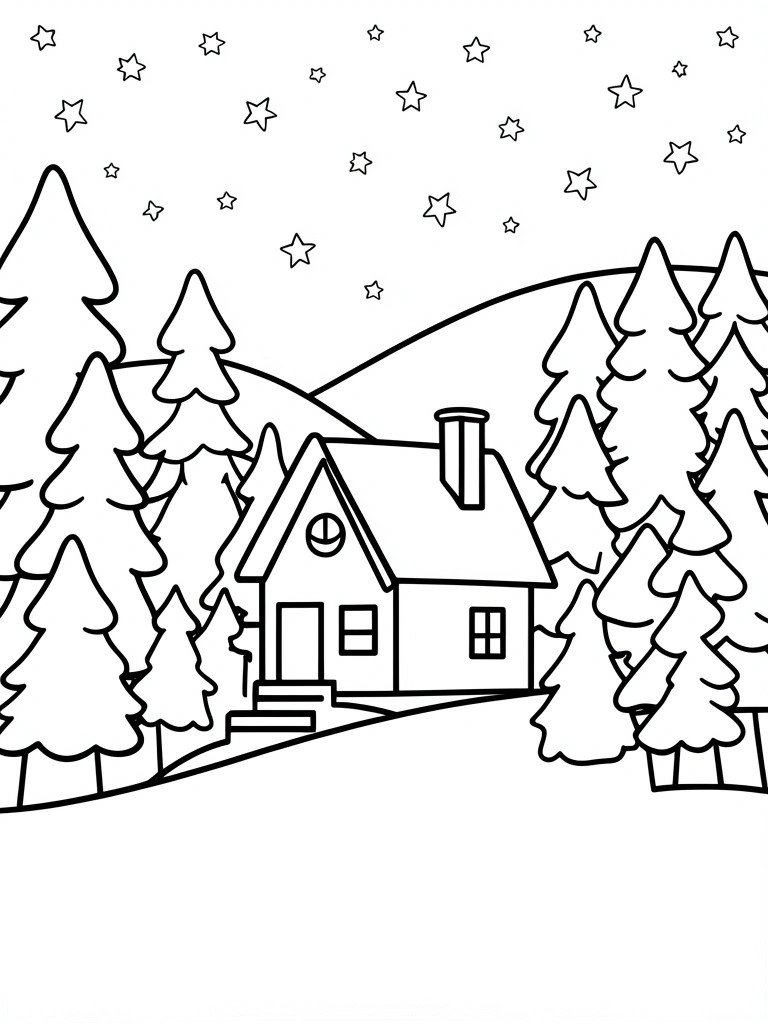 A line drawing of a cabin surrounded by pine trees with stars in the sky above.