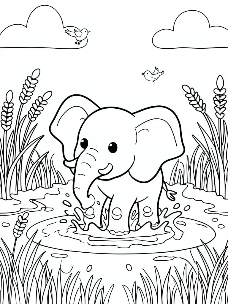 Cute cartoon elephant splashing in a puddle with birds and tall grass.
