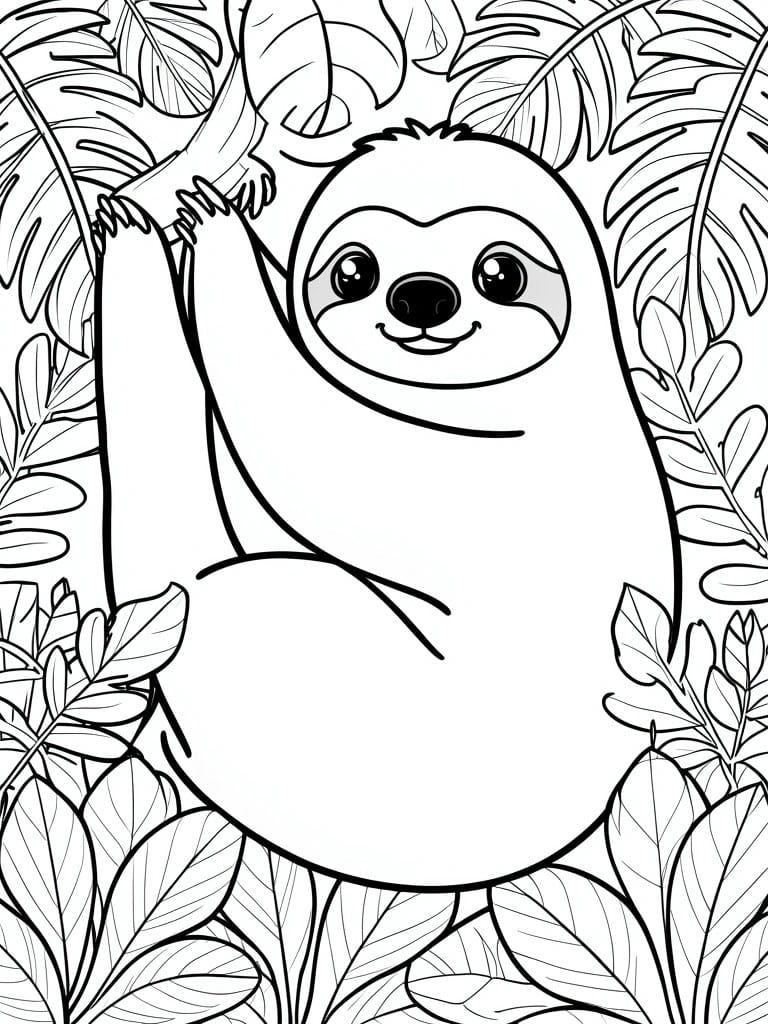 Coloring page of cute sloth hanging from branch amid tropical jungle leaves