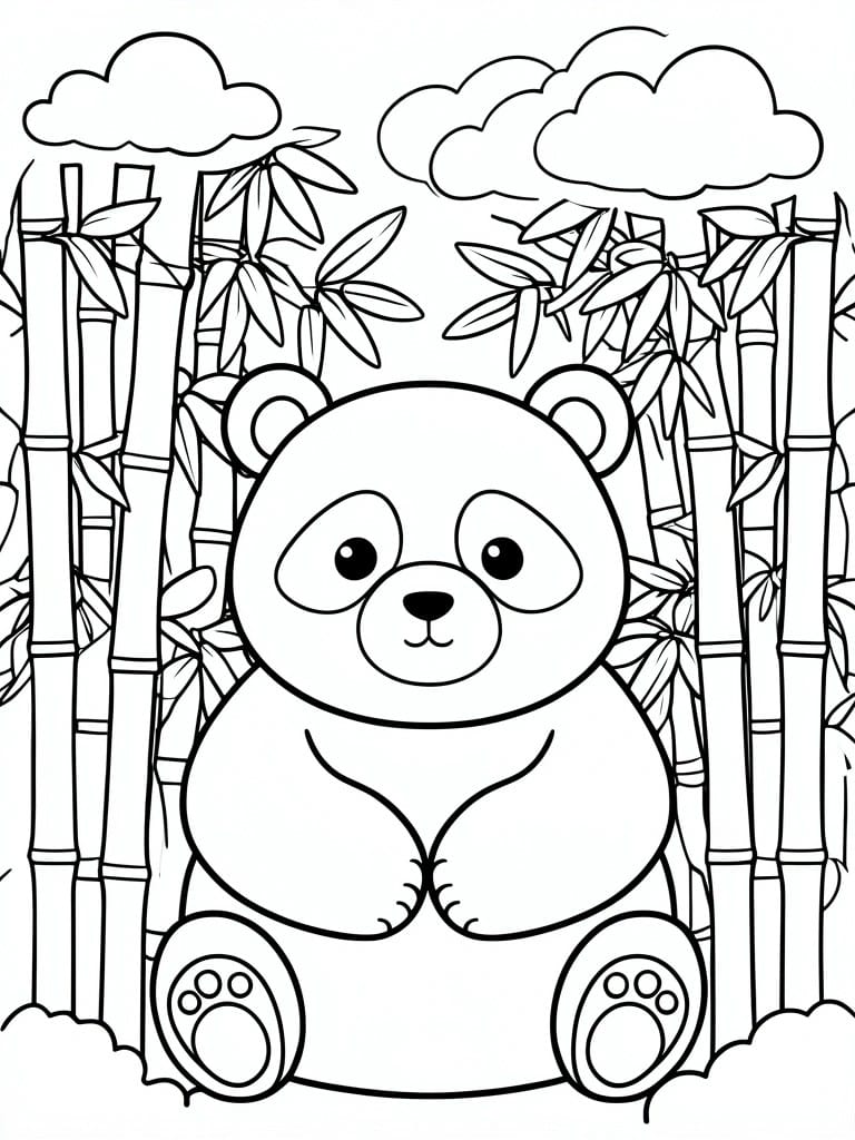 A line drawing shows a panda sitting among bamboo stalks with clouds overhead.